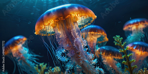 glow vibrant jellyfish in the depths of the ocean