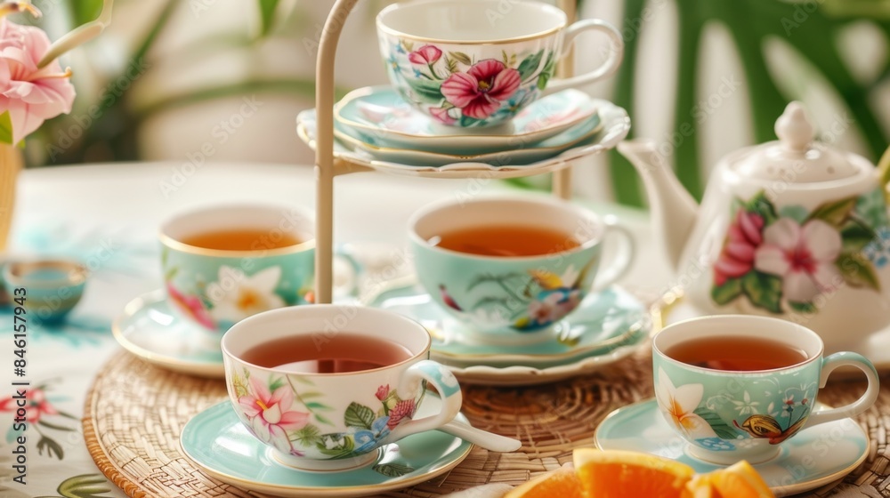A whimsical tiered tray displays delicate teacups and saucers with each cup filled with a different tropical tea blend. A whimsical tiered tray displays delicate teacups and saucers with each cup filled with a different tropical tea blend.