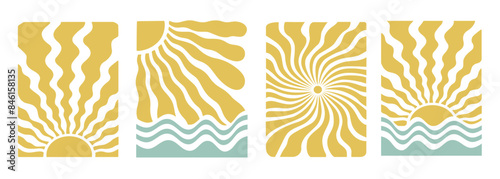 Boho groovy beach sun sea. Surf club vacation and sunny summer day aesthetic. Organic doodle shapes in trendy naive hippie 60s 70s style. Pastel yellow blue braun colors.