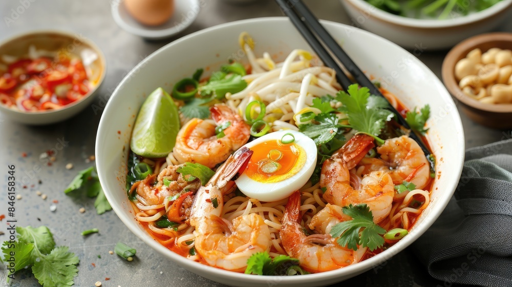 Shrimp tom yum style noodle soup with added egg Shrimp tom yum style noodle soup with added egg