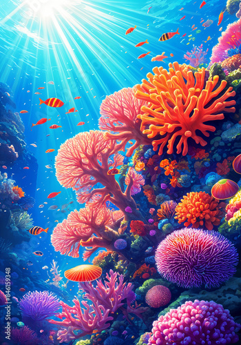 A vibrant and colorful underwater scene, filled with various types of coral, fish, and other marine life.