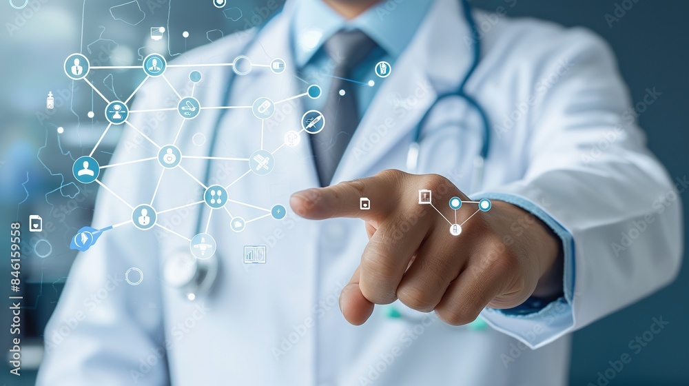 a doctor is pointing at the medical icons, concept of the application of high technology in medicine a doctor is pointing at the medical icons, concept of the application of high technology in medicine