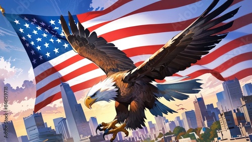 American Independence Day flag patriotic background with bald eagle in city