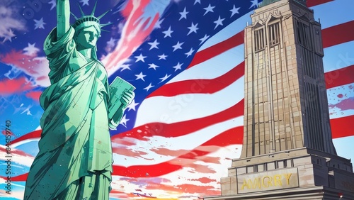 American Independence Day flag creative patriotic background with liberty statue