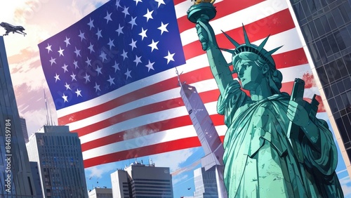American Independence Day flag creative patriotic background with liberty statue