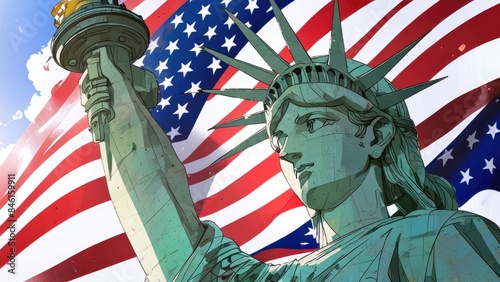 American Independence Day flag creative patriotic background with liberty statue