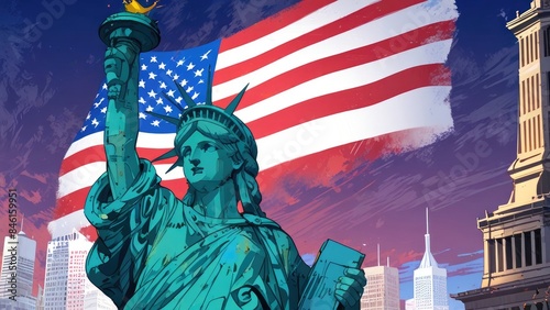 American Independence Day flag creative patriotic background with liberty statue