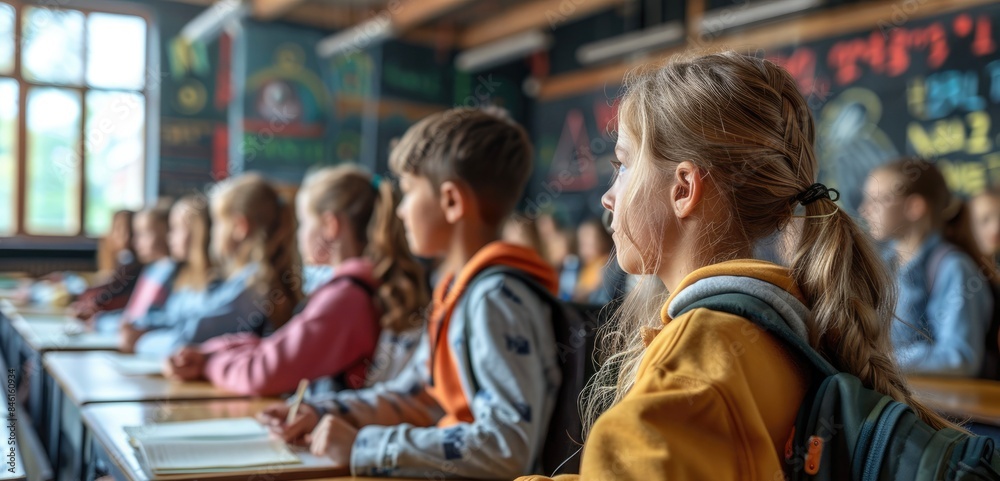 portrait of schoolchildren of primary school sitting at desks in classroom. Back to school concept. portrait of schoolchildren of primary school sitting at desks in classroom. Back to school concept.