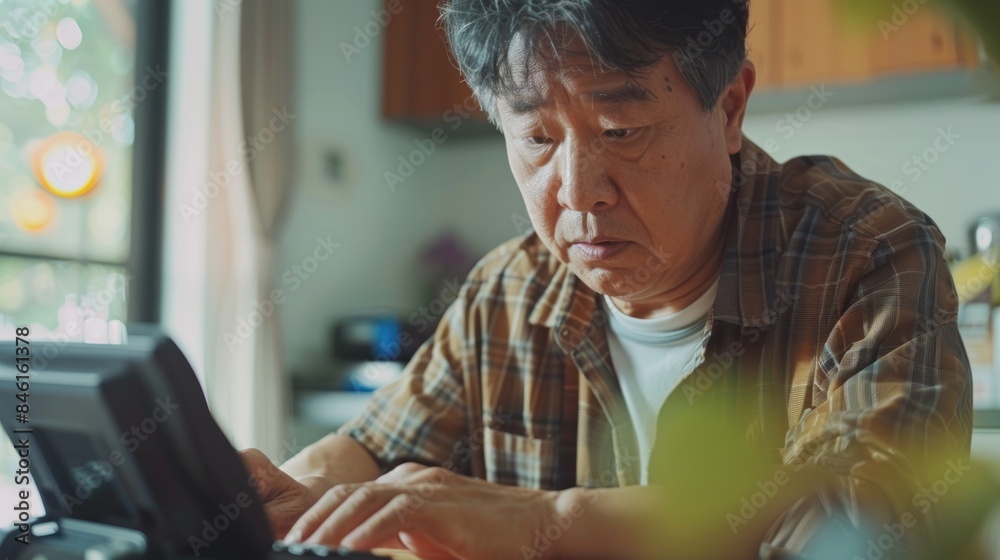 Asian man is using a calculator to calculate his family's monthly miscellaneous expenses at his home. Asian man is using a calculator to calculate his family's monthly miscellaneous expenses at his home.