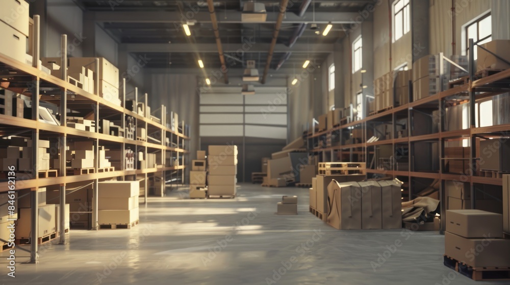 Warehouse interior with shelves, pallets, and boxes. Light modern warehouse logistics transportation distribution packaging centre interior Warehouse interior with shelves, pallets, and boxes. Light modern warehouse logistics transportation distribution packaging centre interior
