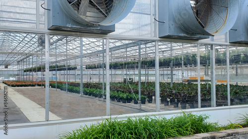  large commercial greenhouse with large venting fans, plants, garden, gardening, greenhouse, nature, environment, green