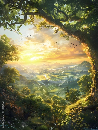 Enchanting Jungle Landscape with Vibrant Sunrise Scenery