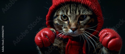 A determined cat wearing boxing gloves and a red hooded sweatshirt. photo