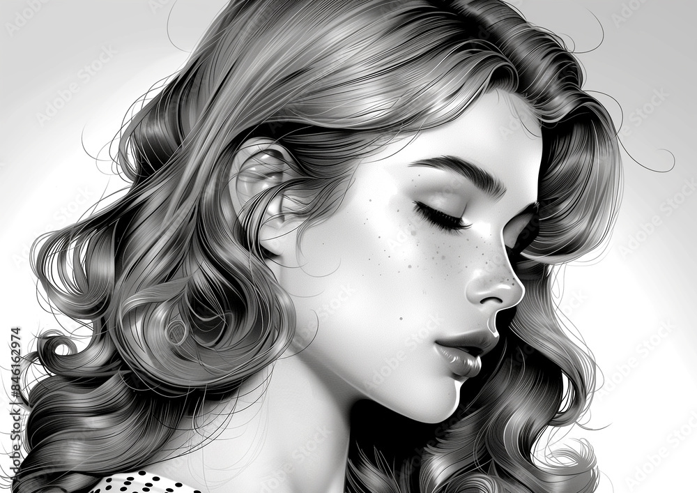 A woman with long hair is shown in a black and white photo A woman with long hair is shown in a black and white photo