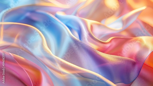 A bright iridescent ribbon with a smooth chromatic gradient, featuring shimmering colors across the spectrum. 