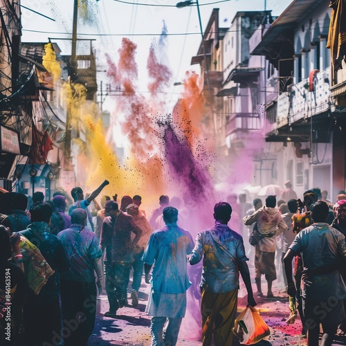 A group of people are walking down a street with colorful powder in the air photo