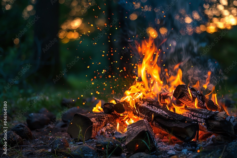 A vibrant campfire with glowing embers, surrounded by logs in a lush forest setting at dusk, creating a warm and inviting atmosphere. A vibrant campfire with glowing embers, surrounded by logs in a lush forest setting at dusk, creating a warm and inviting atmosphere.