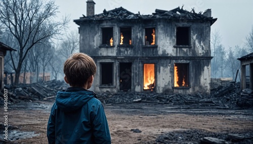 a child stands in the rain in front of the ruins of a house, smoke and dirt