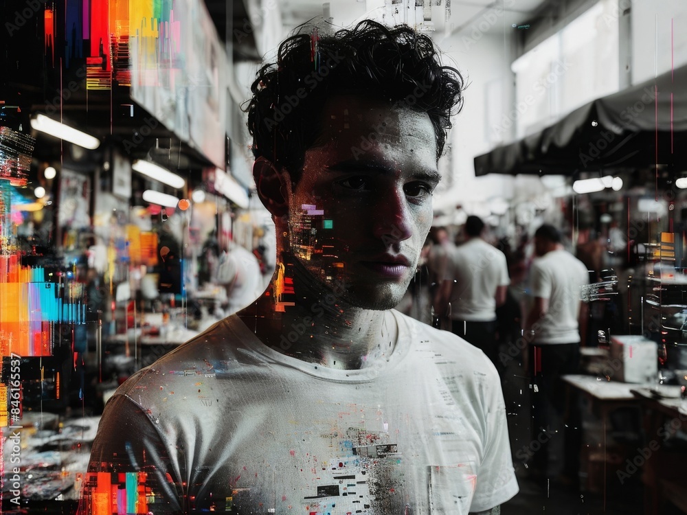 Obraz premium Man in a Cityscape of Glitch