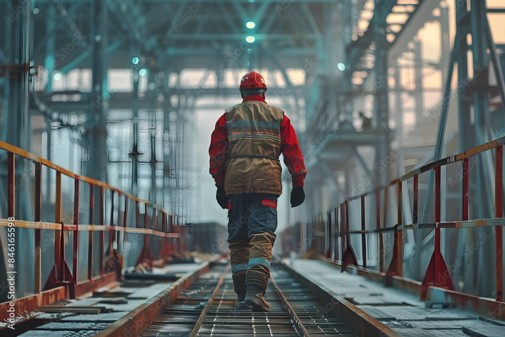 Man in work uniform walking with determination on a metal platform at the construction site, demonstrating commitment and dedication in his daily work. Man in work uniform walking with determination on a metal platform at the construction site, demonstrating commitment and dedication in his daily work.