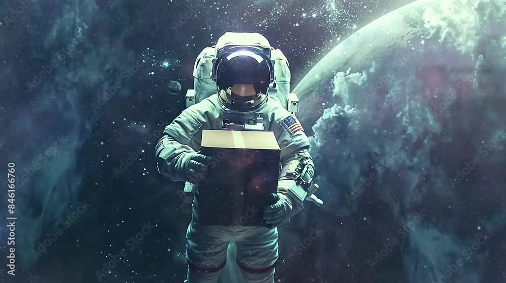 Astronaut with gift box in space. Seamless looping time-lapse 4k video animation background Astronaut with gift box in space. Seamless looping time-lapse 4k video animation background