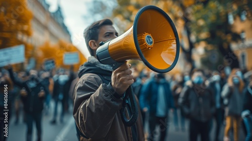 Activist Leading a Protest with Megaphone