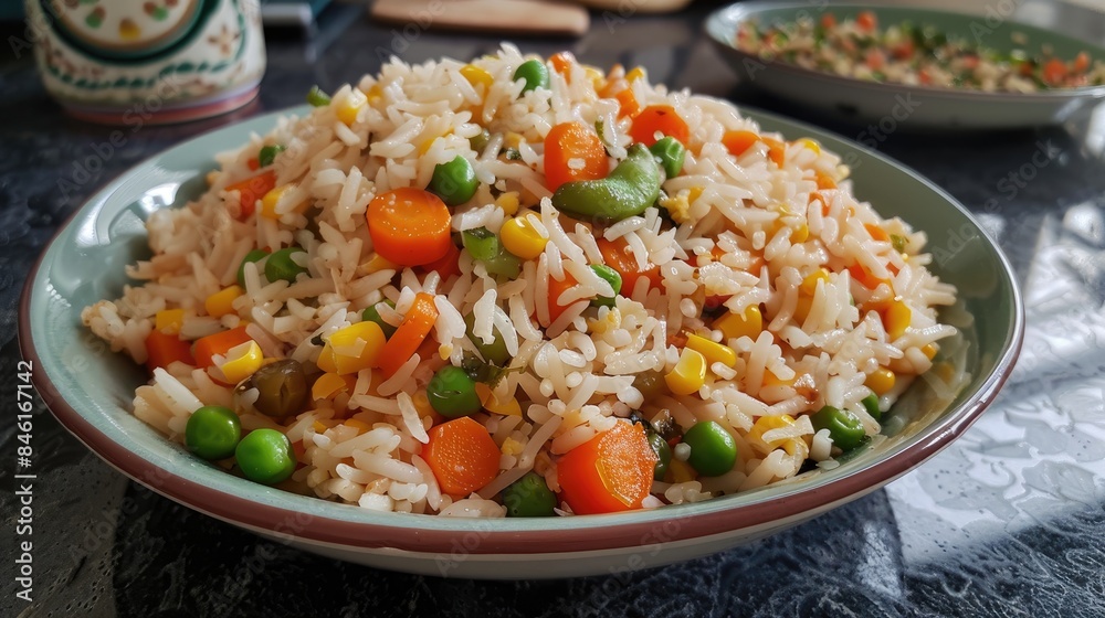 Fried rice made at home with a mix of vegetables carrots green beans peas corn and egg Fried rice made at home with a mix of vegetables carrots green beans peas corn and egg