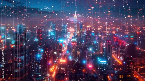 A city at twilight, illuminated by an interconnected 5G network