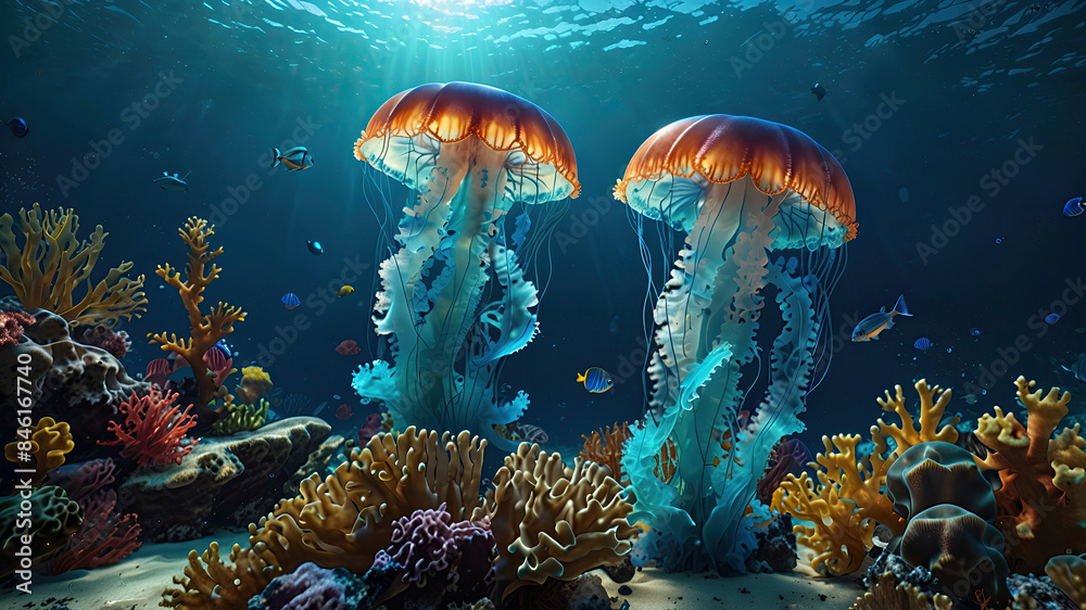 Naklejka premium glow vibrant jellyfish in the depths of the ocean