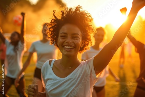 A woman with curly hair is smiling and holding a soccer ball