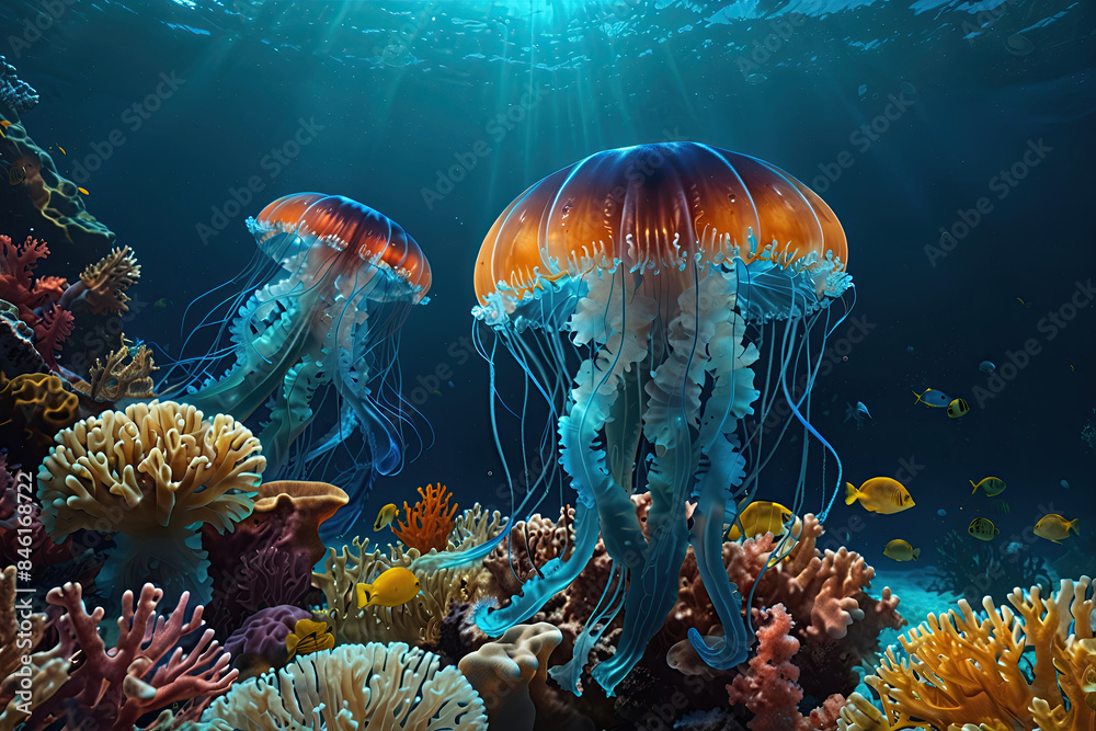 glow vibrant jellyfish in the depths of the ocean glow vibrant jellyfish in the depths of the ocean