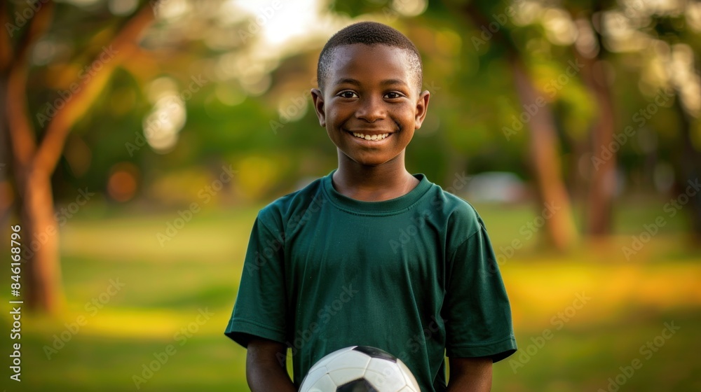 A young boy is smiling and holding a soccer ball A young boy is smiling and holding a soccer ball