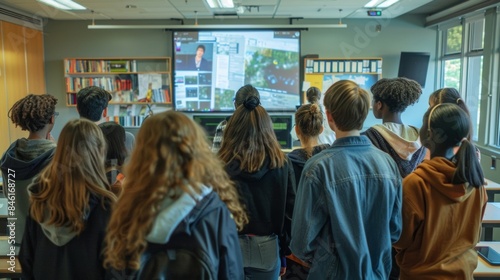 A group of diverse students huddle around a large screen in a classroom backs facing the camera. They appear to be engrossed . . photo