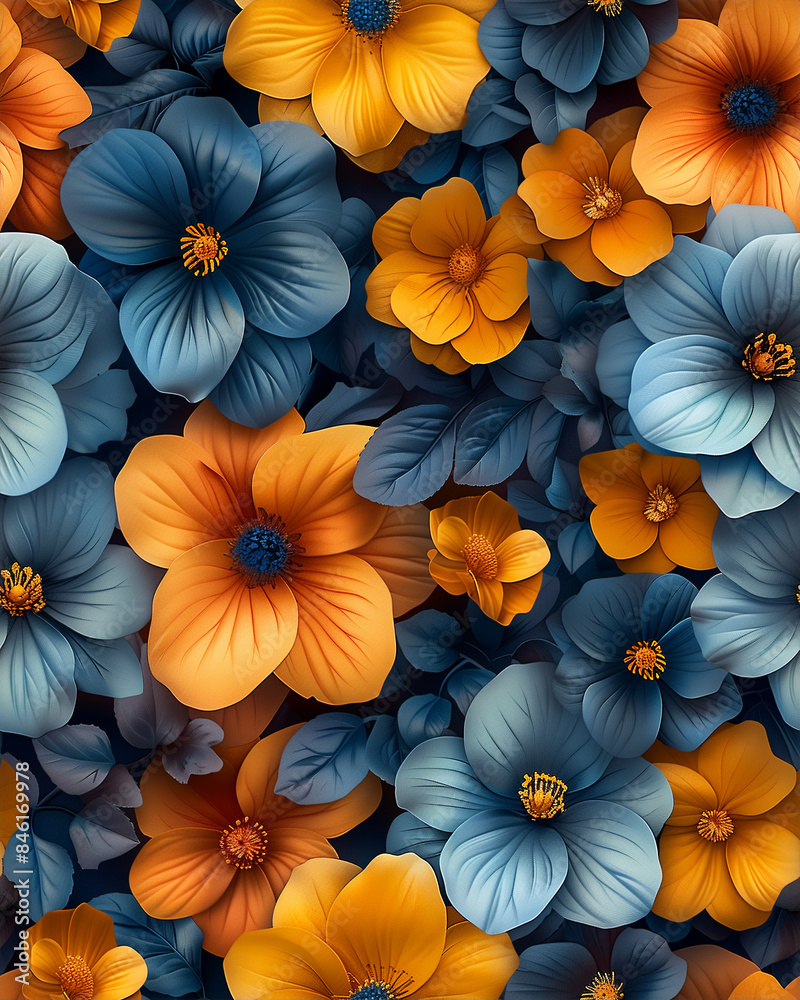 A colorful bouquet of flowers with blue and orange petals. The flowers are arranged in a way that creates a sense of depth and movement. Scene is cheerful and uplifting A colorful bouquet of flowers with blue and orange petals. The flowers are arranged in a way that creates a sense of depth and movement. Scene is cheerful and uplifting