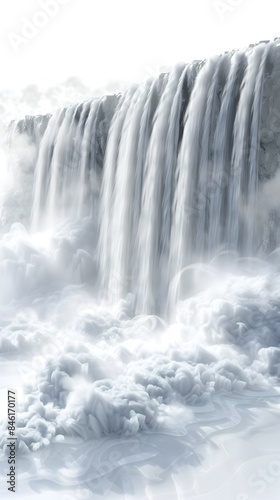 Cascading Waterfall with Swirling Foam in Motion on White Background