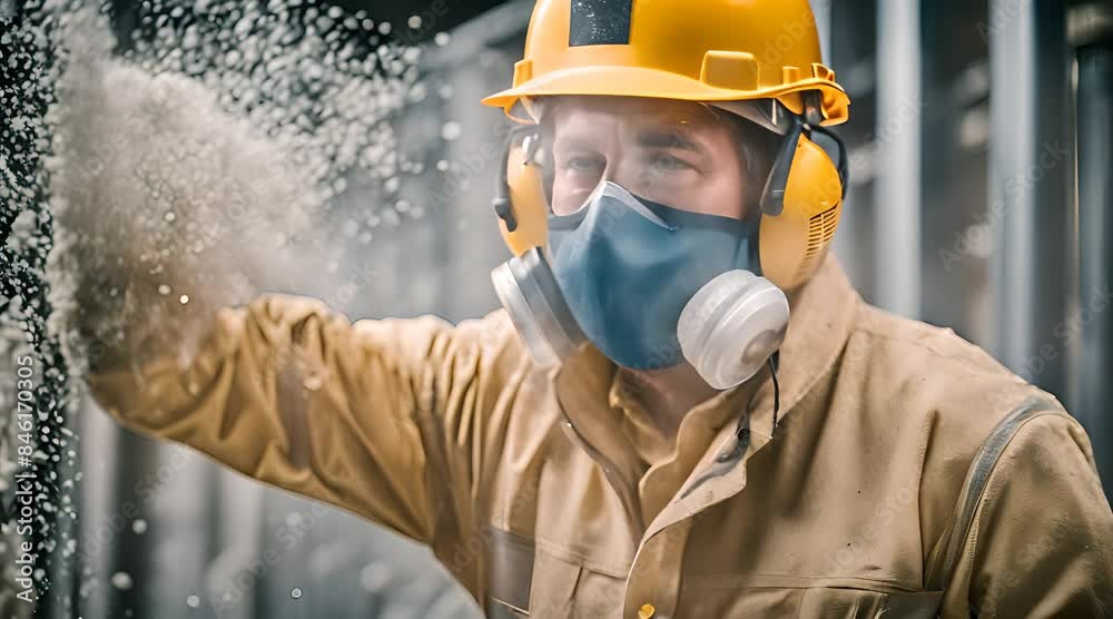 Construction Worker in Dust Mask Amidst Glass Wool Dust Construction Worker in Dust Mask Amidst Glass Wool Dust