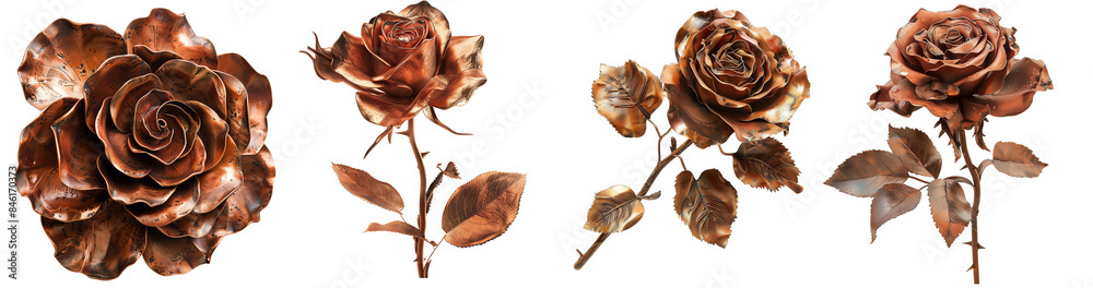 Obraz premium Set of four metallic bronze roses with detailed petals and leaves, perfect for decorative and design purposes.