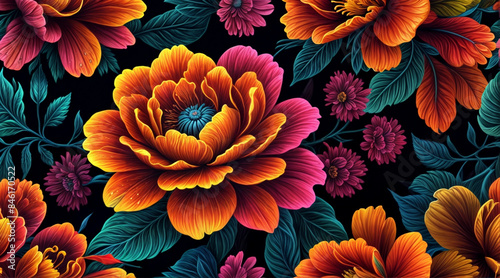 a vibrant display of colorful flowers in shades of orange, pink, and purple against a dark blue background