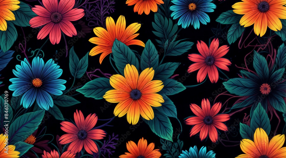 a vibrant display of colorful flowers in shades of orange, pink, and purple against a dark blue background a vibrant display of colorful flowers in shades of orange, pink, and purple against a dark blue background