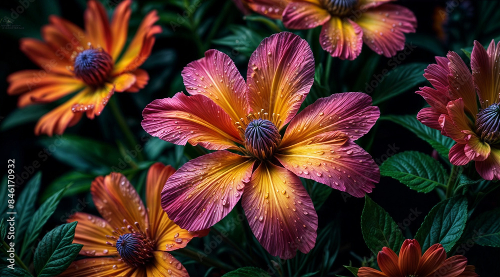 a bouquet of colorful flowers with a dark background, creating a vibrant contrast a bouquet of colorful flowers with a dark background, creating a vibrant contrast