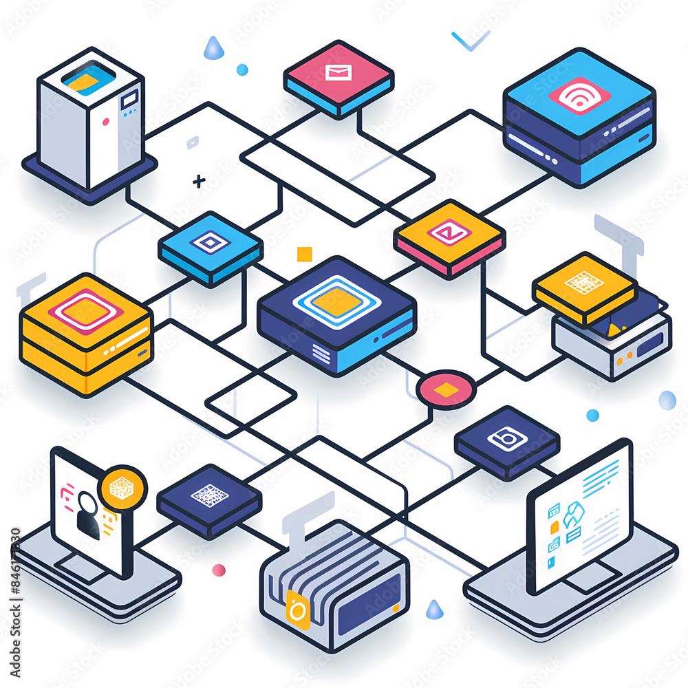 Illustration of a connected network of devices illustrating IoT (Internet of Things) technology and smart connectivity. Illustration of a connected network of devices illustrating IoT (Internet of Things) technology and smart connectivity.