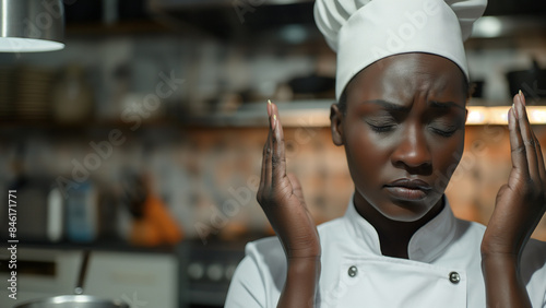 Smiling white female chef worker, copy space