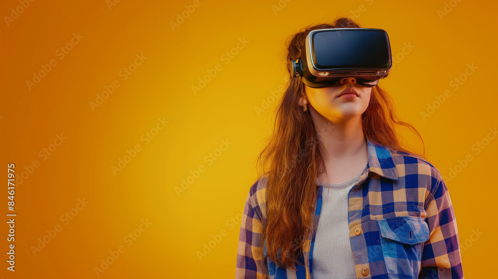 Front view of serious brunette girl wearing in modern headset and watching video. woman in shirt and glasses of virtual reality and 3d simulation, high technology gadget against yellow background Front view of serious brunette girl wearing in modern headset and watching video. woman in shirt and glasses of virtual reality and 3d simulation, high technology gadget against yellow background