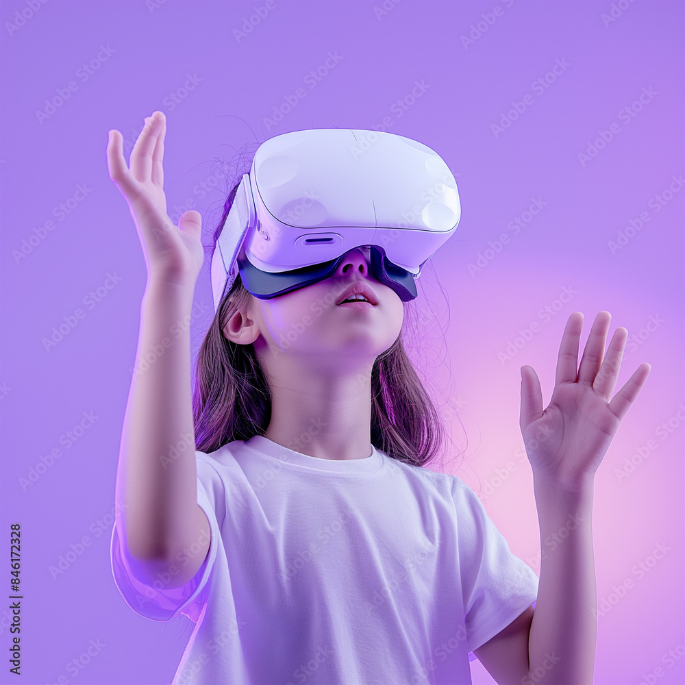 Amazed young girl experiencing virtual reality with a VR headset on the head Amazed young girl experiencing virtual reality with a VR headset on the head