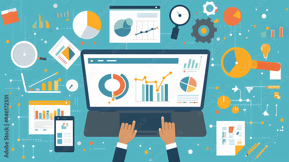 Fototapeta premium Aerial view of hands using a laptop with various data analytics and charts, depicting modern business analysis.