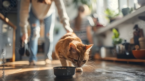 Peaceful mealtime moment with a tabby cat eating from its bowl in a cozy kitchen setting,surrounded by family members cooking nearby and creating a warm,inviting atmosphere.