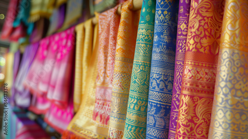 A colorful display of Thai silk fabrics hanging on a rack in a traditional market