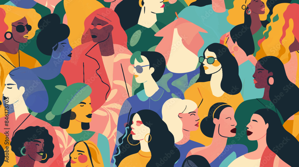 Vector de grupo de diversas personas con caras y cabello de diferentes colores. Algunos rostros tienen gafas, otros tienes sonrisas en su rostro. Personas afrodescendientes y de género fluido.