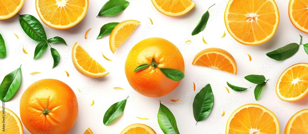 Orange Fruit with Slices and Leaves on White Background