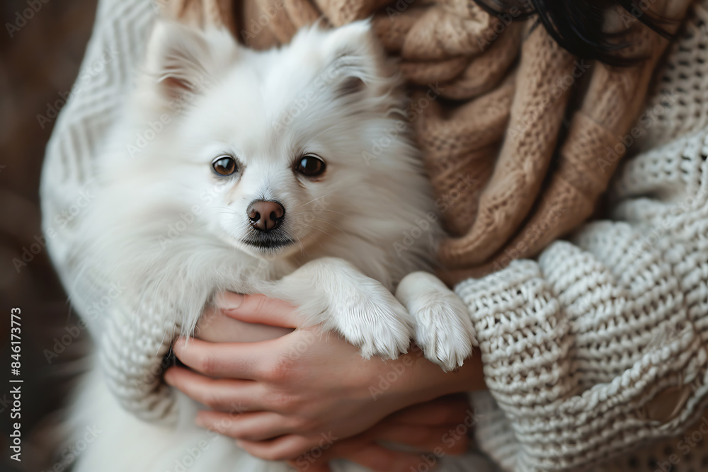 breed spitz in the hands of a woman owner breed spitz in the hands of a woman owner